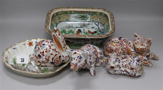 Four Chinese ceramic polychrome animals, a Canton tureen (lacking cover) and a Continental dish moulded with birds